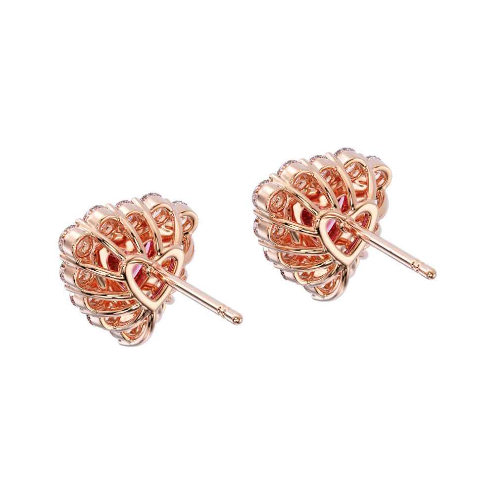 Ceylon Heart Cut Pink Garnet Halo 18K Yellow Gold Stud Earrings