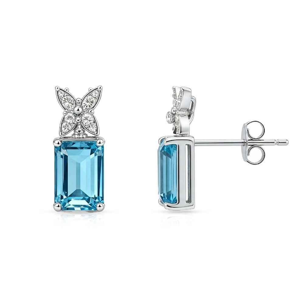 Ceylon Sky Aquamarine Butterfly Silver Diamond Earrings