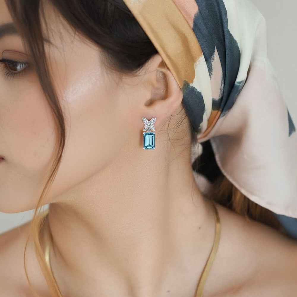Ceylon Sky Aquamarine Butterfly Silver Diamond Earrings