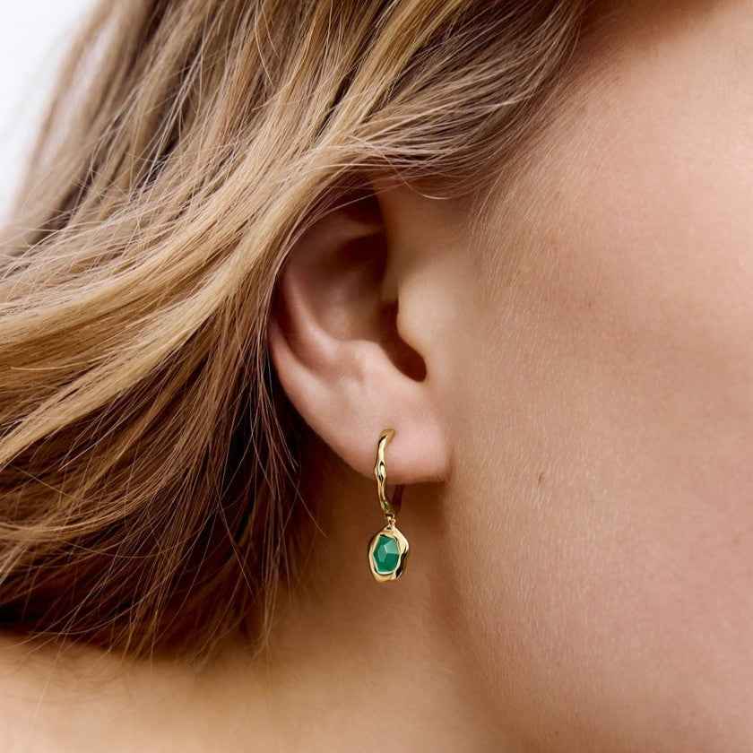 Ceylon Onyx 18K Solid Yellow Gold Hoop Earrings