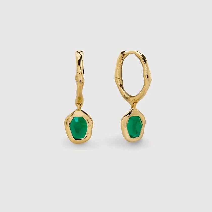 Ceylon Onyx 18K Solid Yellow Gold Hoop Earrings
