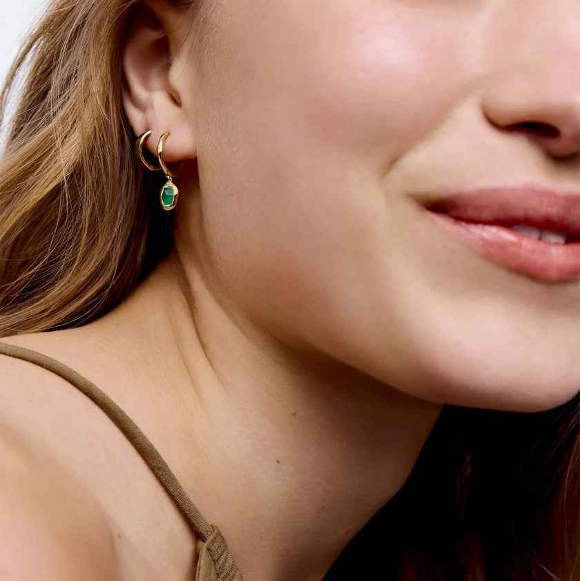 Ceylon Onyx 18K Solid Yellow Gold Hoop Earrings