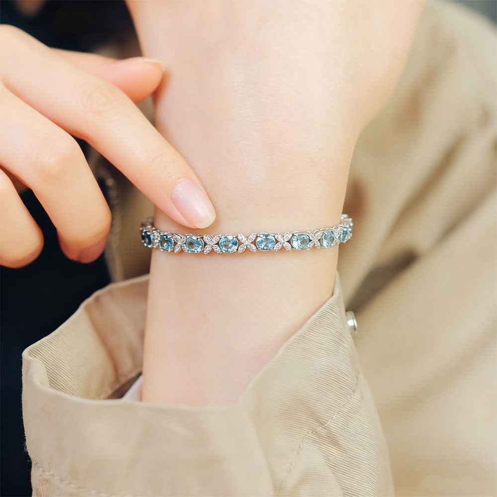 Ceylon Sky Aquamarine Floral Silver Diamond Bracelet