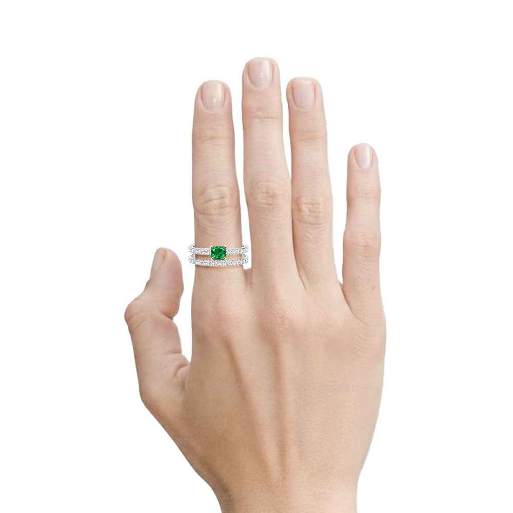 Ceylon Dual Band Emerald Gold Claw Silver Diamond Ring