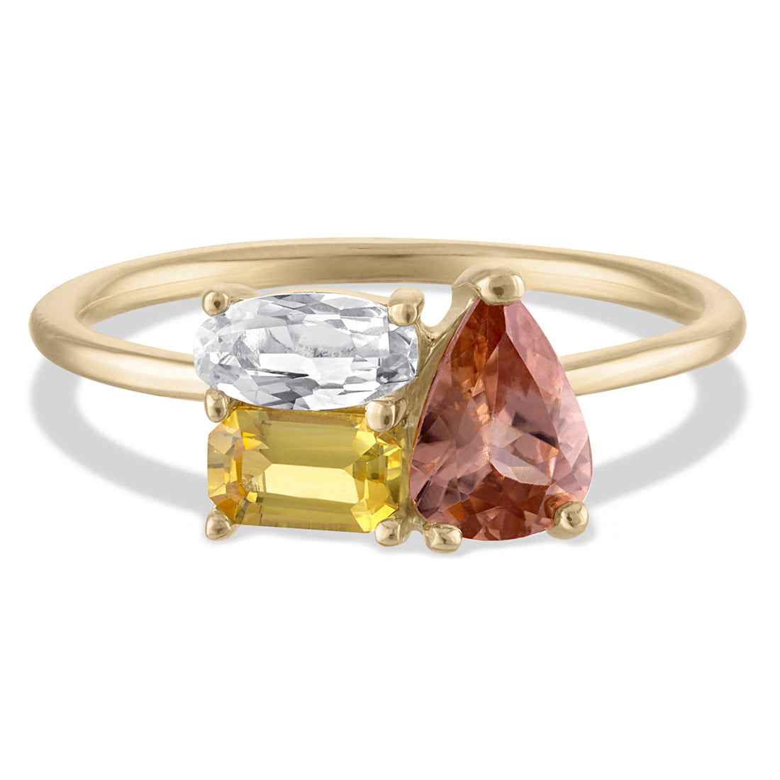 Ceylon Tri-Stone Cluster Sapphire Zircon 18K Yellow Gold Ring