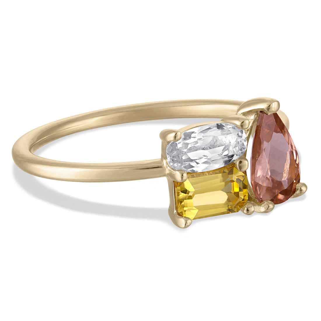 Ceylon Tri-Stone Cluster Sapphire Zircon 18K Yellow Gold Ring