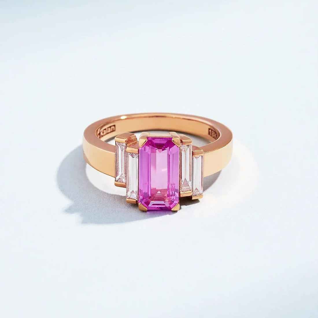 Ceylon Baguette-Cut Pink Sapphire Diamond 18K Rose Gold Engagement Ring