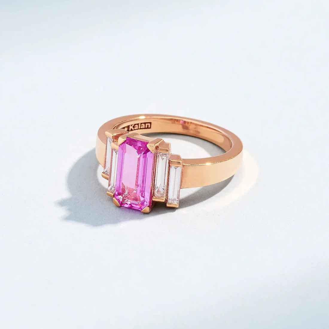 Ceylon Baguette-Cut Pink Sapphire Diamond 18K Rose Gold Engagement Ring
