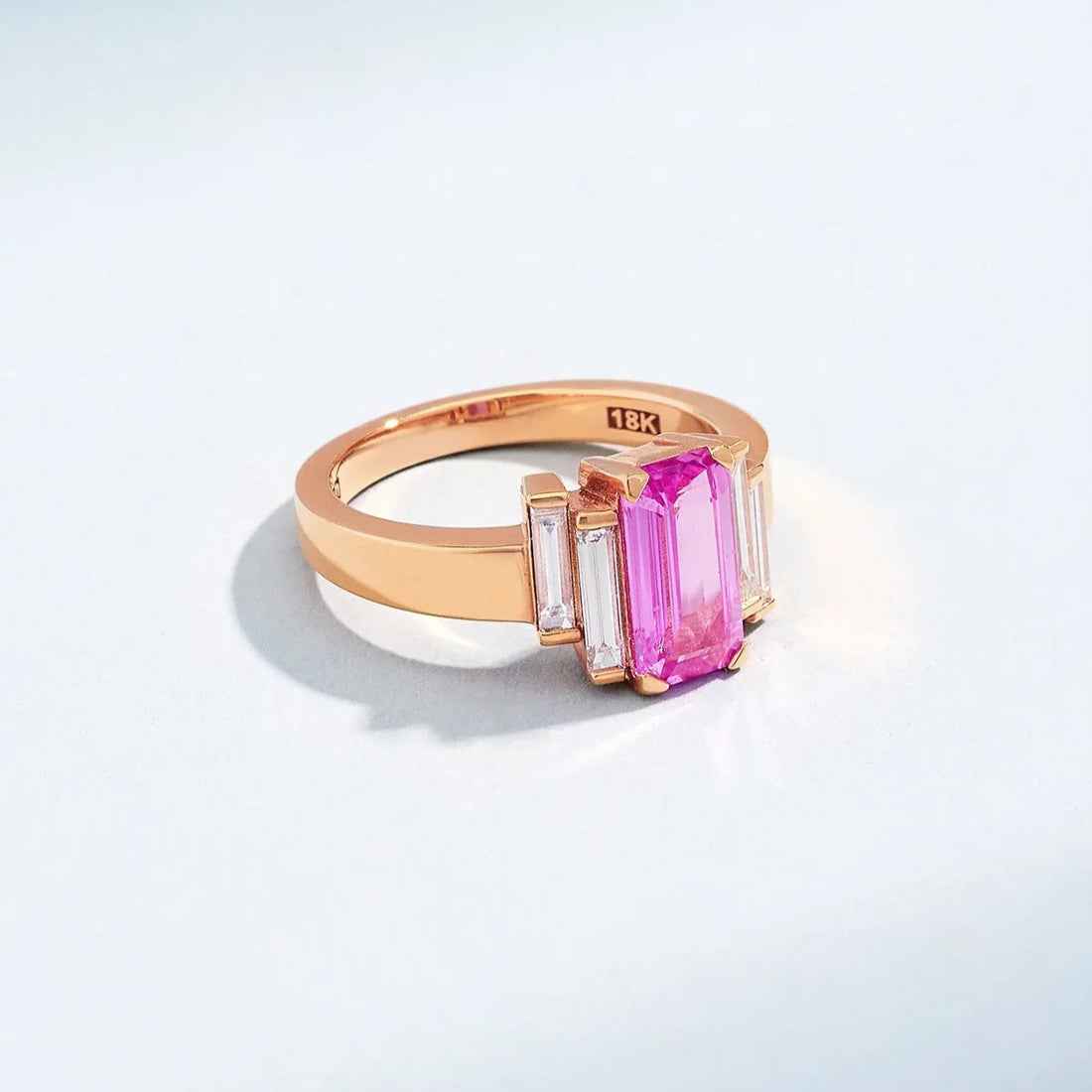Ceylon Baguette-Cut Pink Sapphire Diamond 18K Rose Gold Engagement Ring