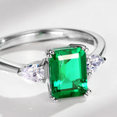 Ceylon Emerald Cut Lab Grown Emerald Sterling Silver 1.5ct Three Stone Prong Ring