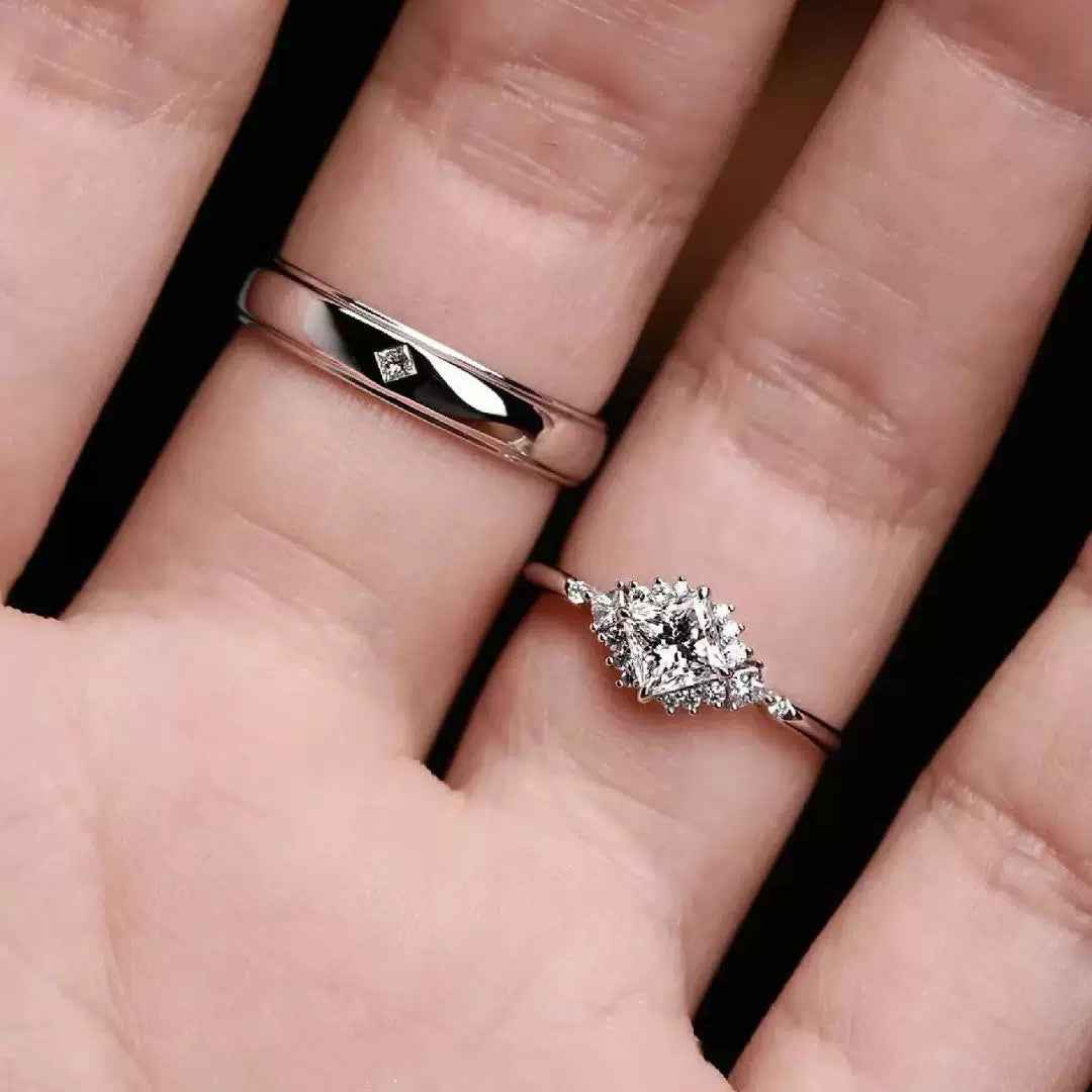 Ceylon Lab Grown Diamond 18K Gold Plated Sterling Silver Princess Cut Couple Rings