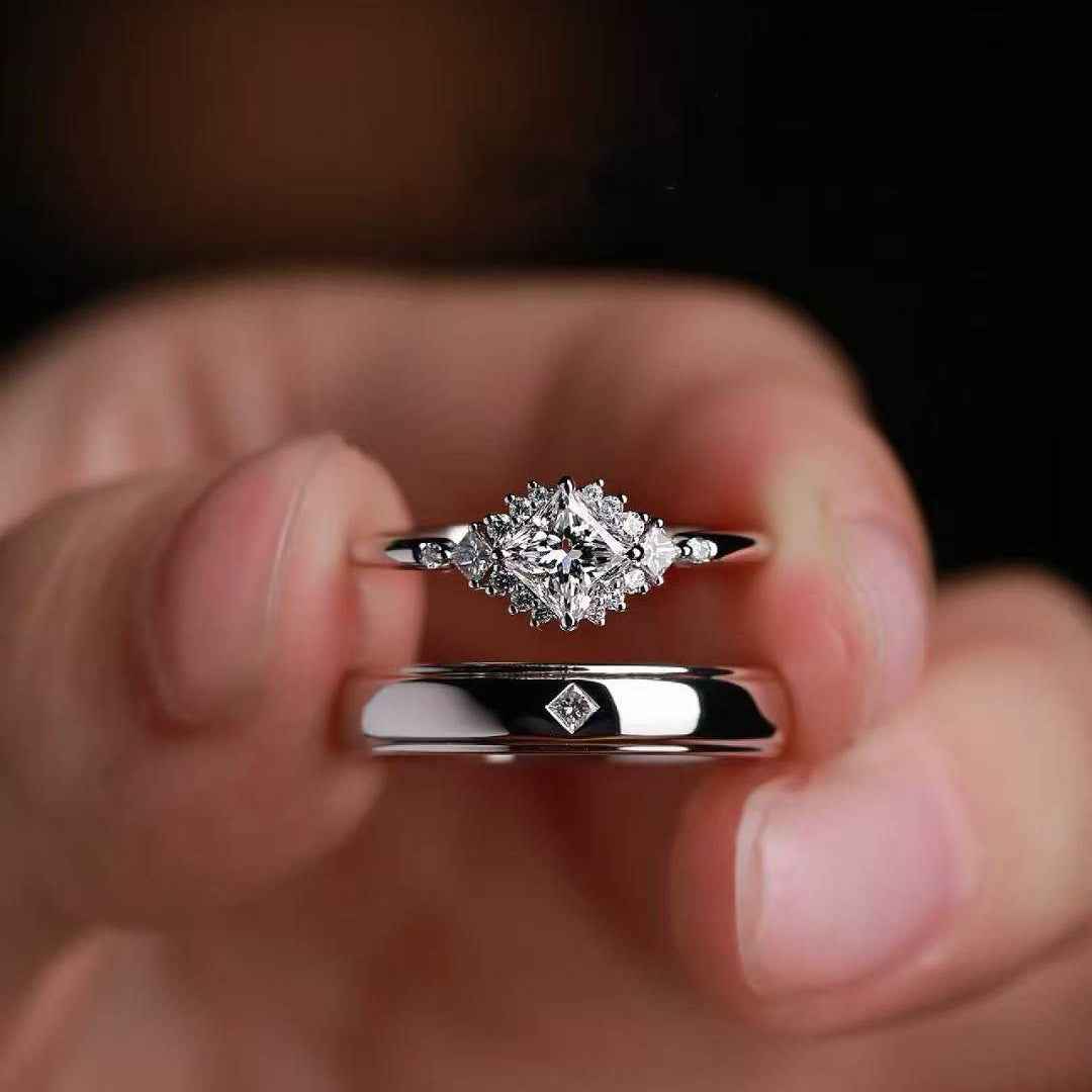 Ceylon Lab Grown Diamond 18K Gold Plated Sterling Silver Princess Cut Couple Rings