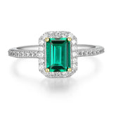 Ceylon Emerald Cut Lab Grown Emerald Sterling Silver 0.9ct Halo Moissanite Ring