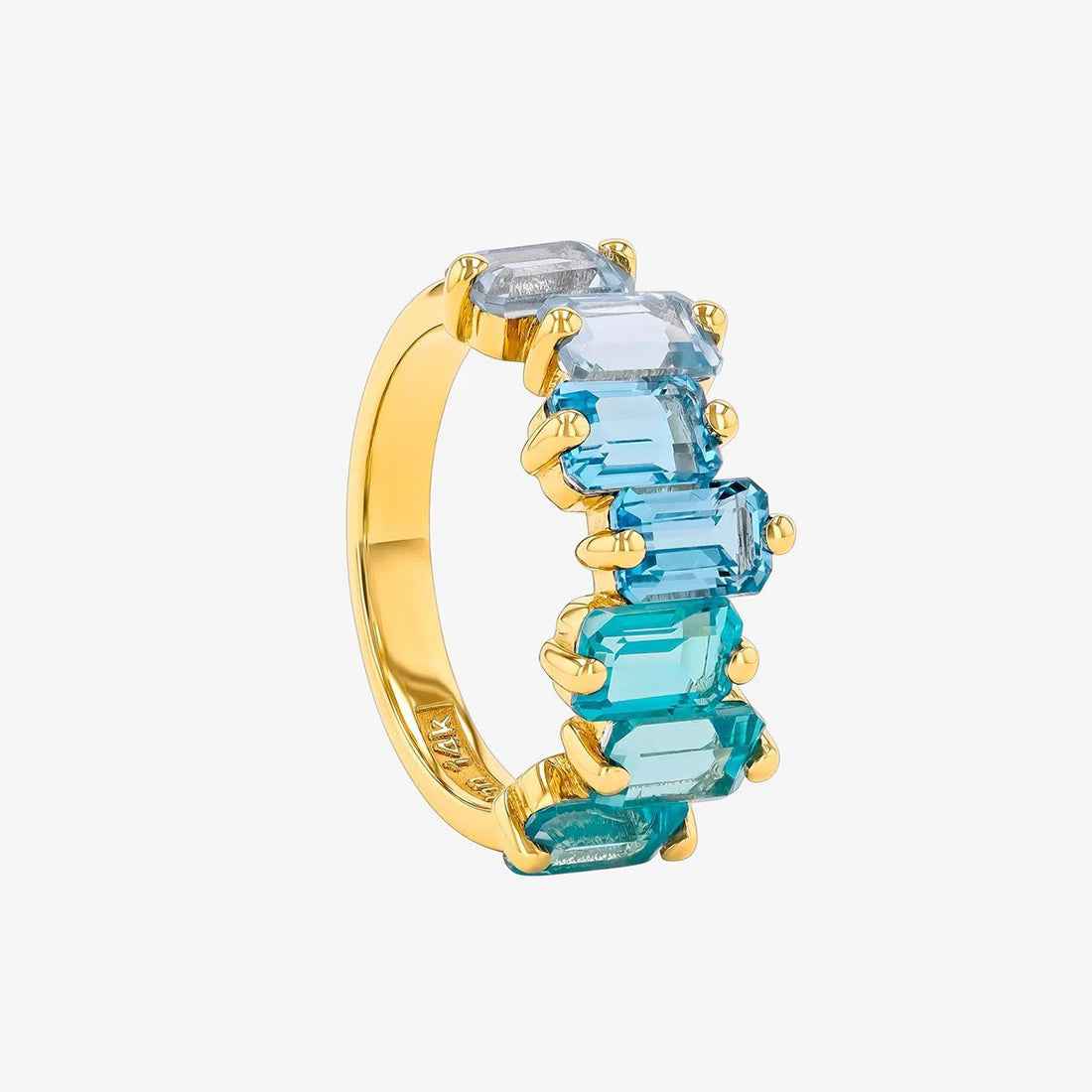 Ceylon Emerald-Cut Light Blue Ombre Gemstone 18K Yellow Gold Half Band Ring