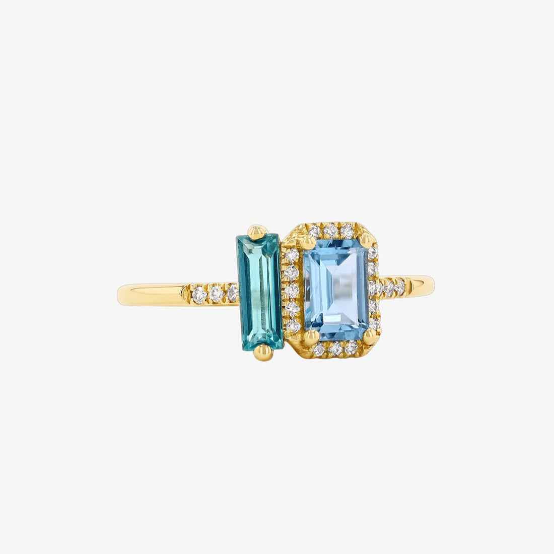 Ceylon Emerald-Cut Light Blue Ombre Paraiba Topaz 18K Yellow Gold Half Band Ring