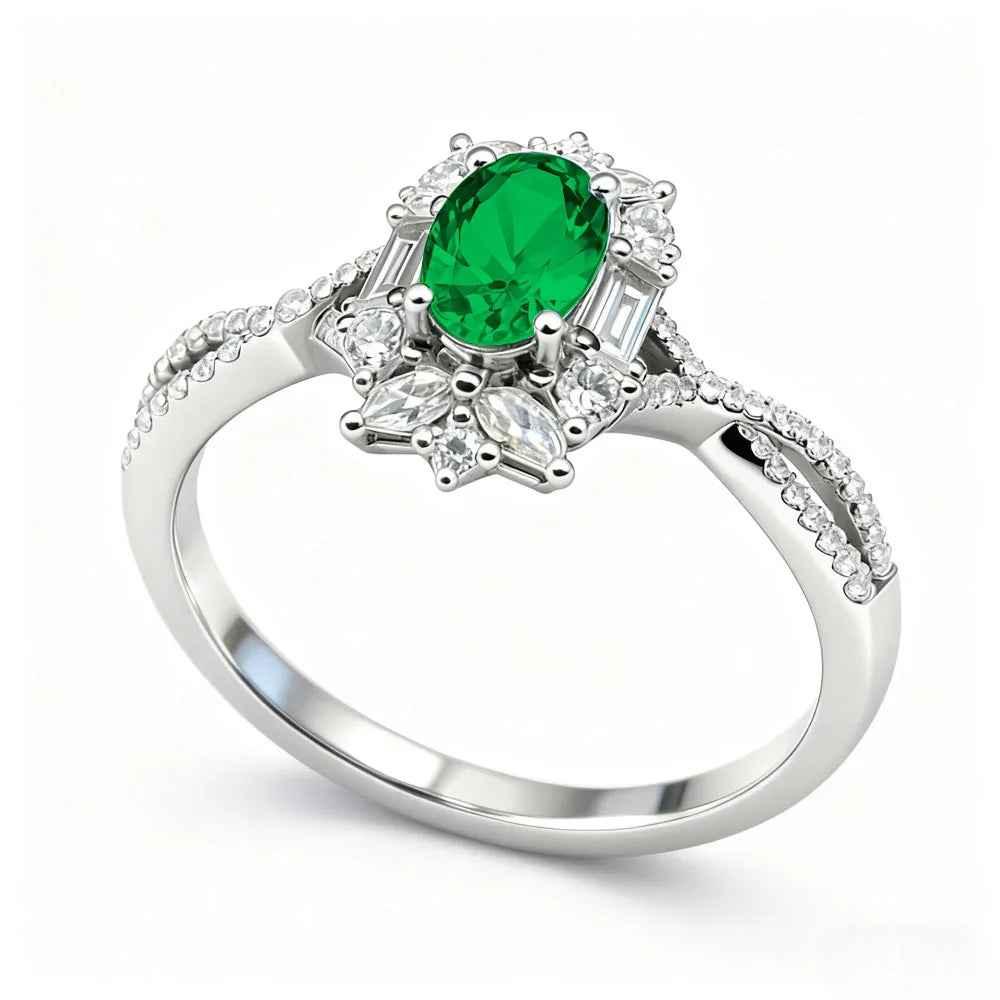 Ceylon Blaze Natural Emerald Vintage White Gold Diamond Ring