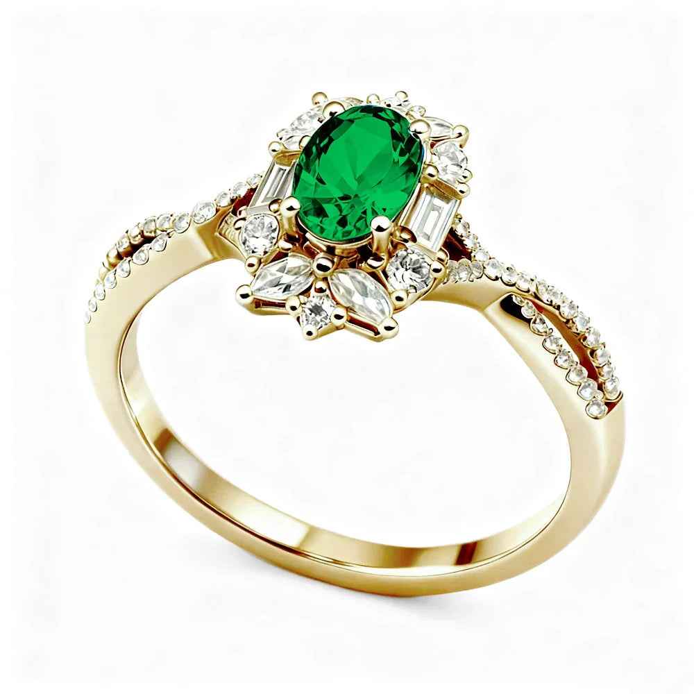 Ceylon Blaze Natural Emerald Vintage Yellow Gold Diamond Ring