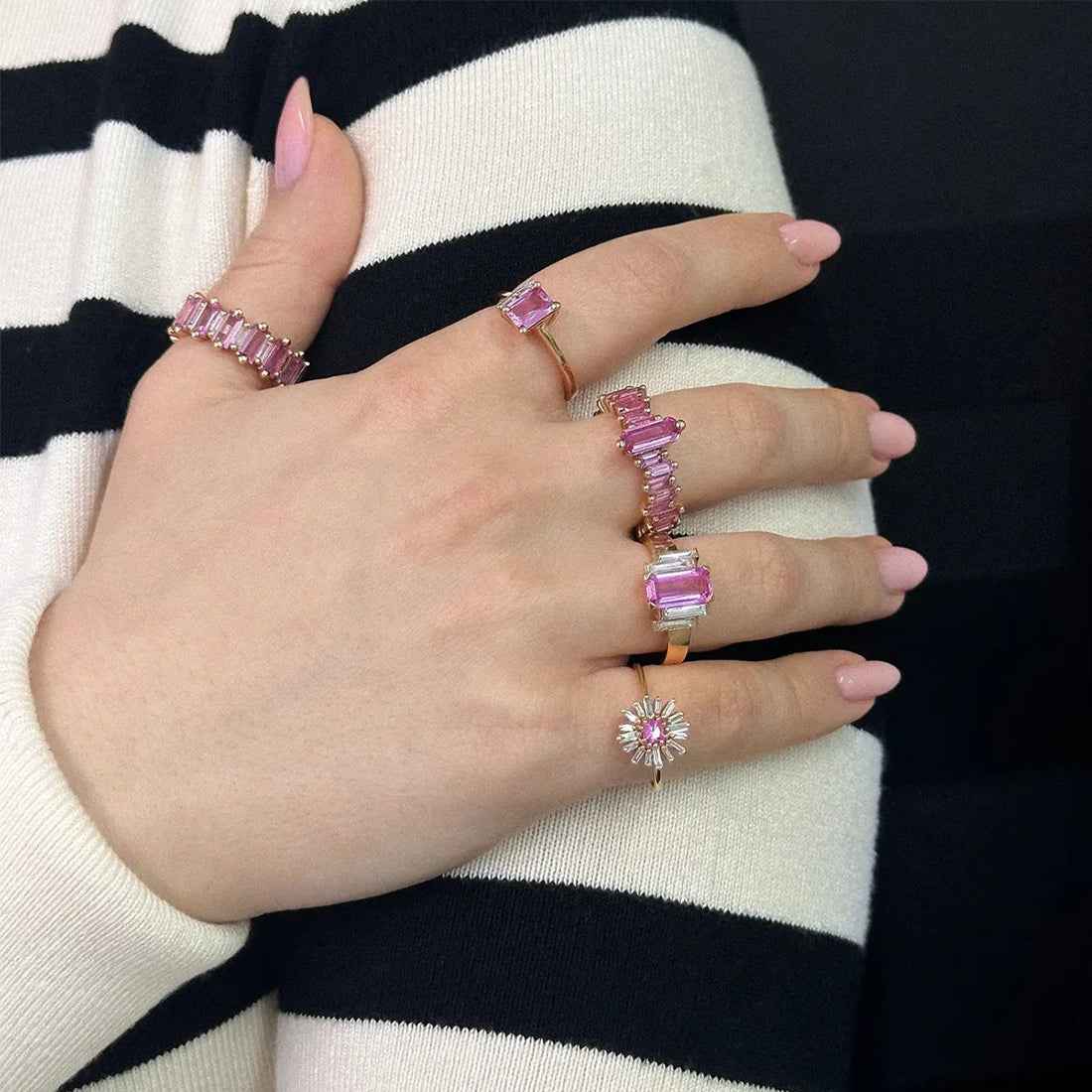 Ceylon Baguette-Cut Pink Sapphire Diamond 18K Rose Gold Engagement Ring