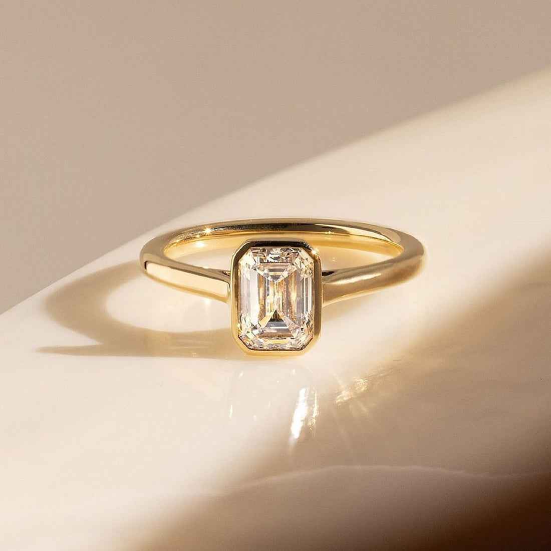 Ceylon Emerald Cut Moissanite Sterling Silver 3ct Bezel Solitaire Ring