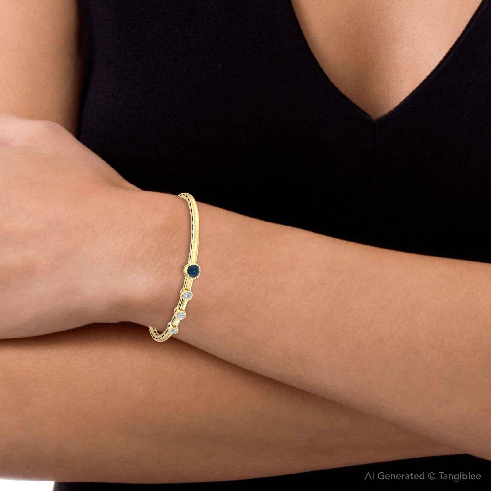 Ceylon Blue Sapphire Diamond Flex 18K Yellow Gold Bangle Bracelet