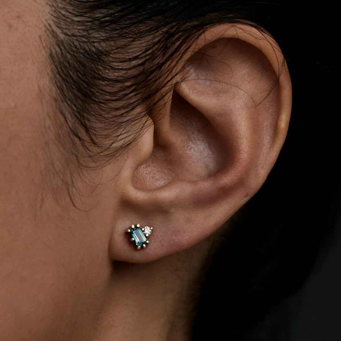 Ceylon TealGlow 9K Gold Sapphire Diamond Stud Earrings