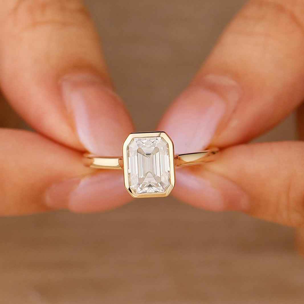Ceylon Emerald Cut Moissanite Sterling Silver 3ct Bezel Solitaire Ring