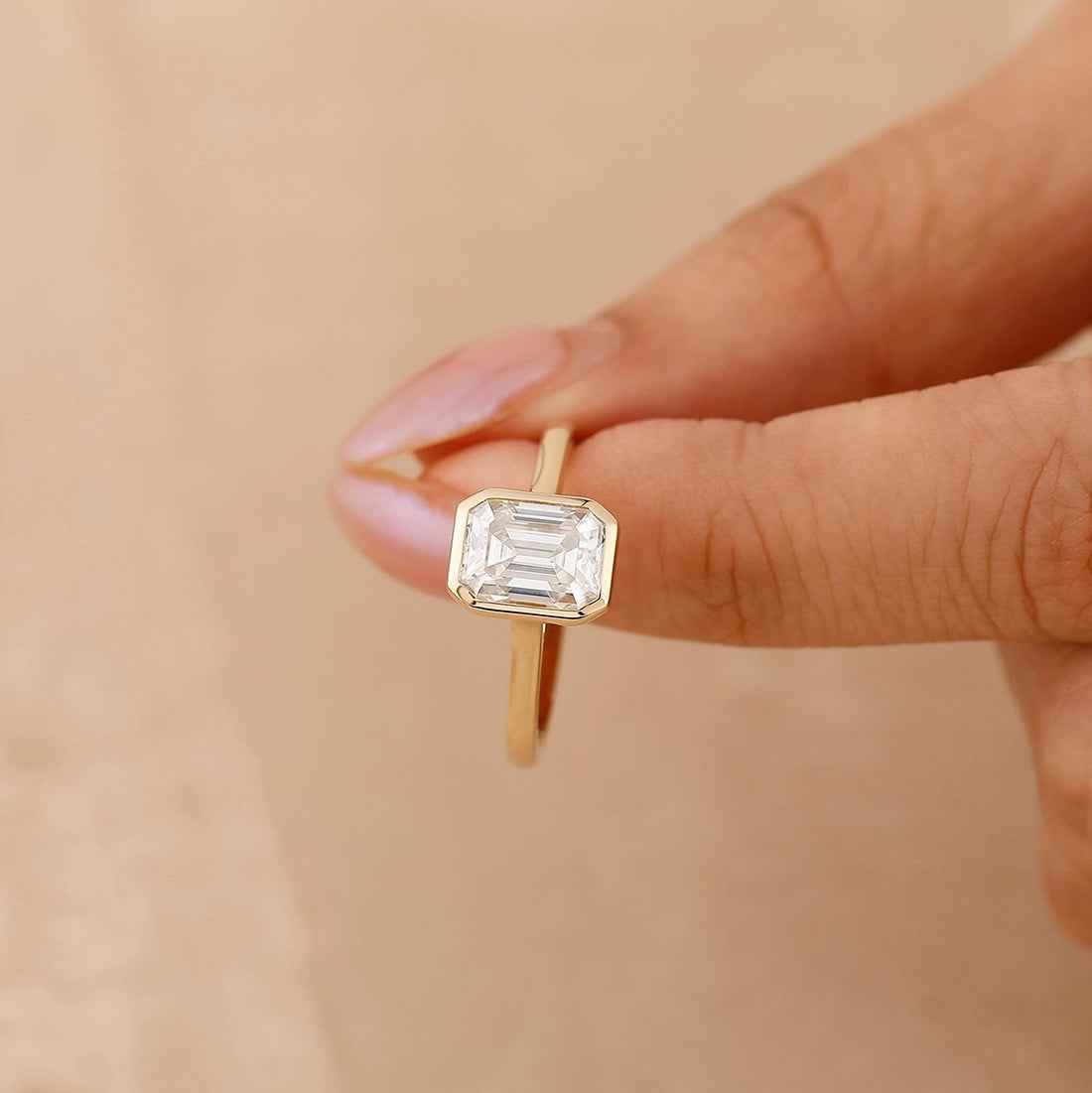 Ceylon Emerald Cut Moissanite Sterling Silver 3ct Bezel Solitaire Ring