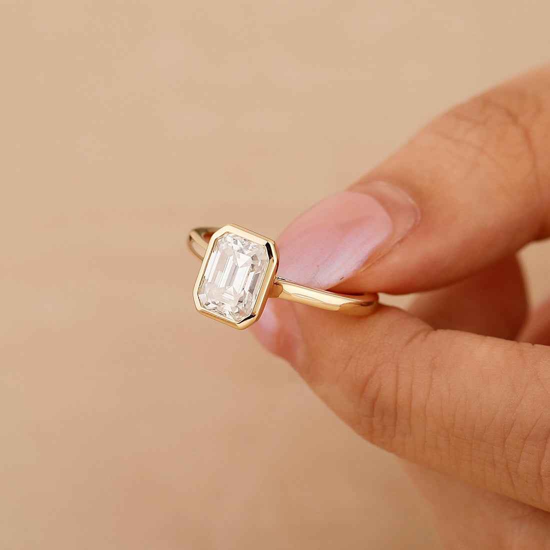 Ceylon Emerald Cut Moissanite Sterling Silver 3ct Bezel Solitaire Ring