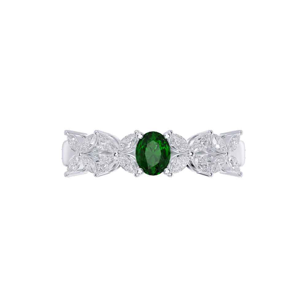 Ceylon GreenBlossom 18K White Gold Oval Emerald Diamond Ring