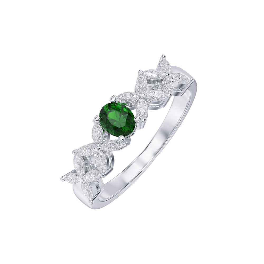 Ceylon GreenBlossom 18K White Gold Oval Emerald Diamond Ring