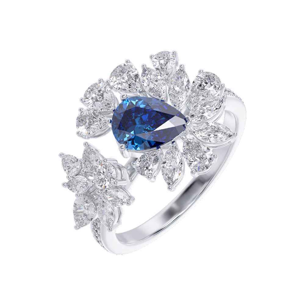 Ceylon Pear Blue Sapphire 18K Yellow Gold Diamond Ring