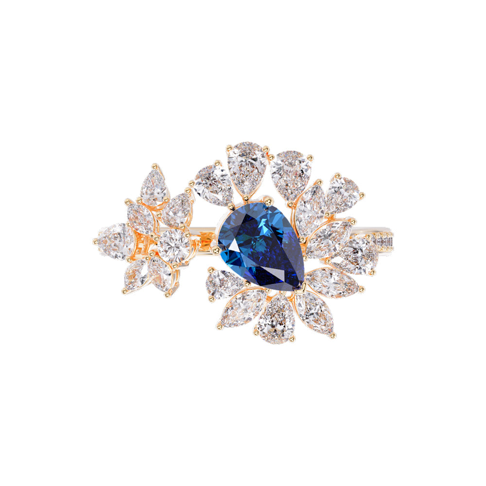 Ceylon Pear Blue Sapphire 18K Yellow Gold Diamond Ring