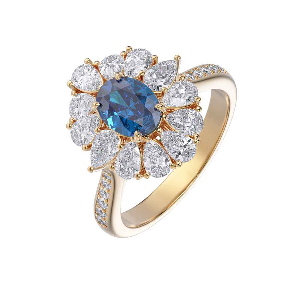 Ceylon Royal Sapphire Yellow Gold Diamond Floral Ring