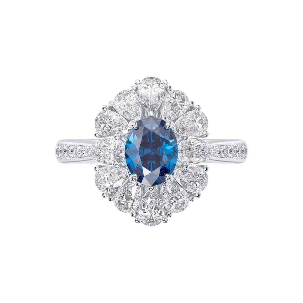 Ceylon Royal Sapphire Platinum Diamond Floral Ring