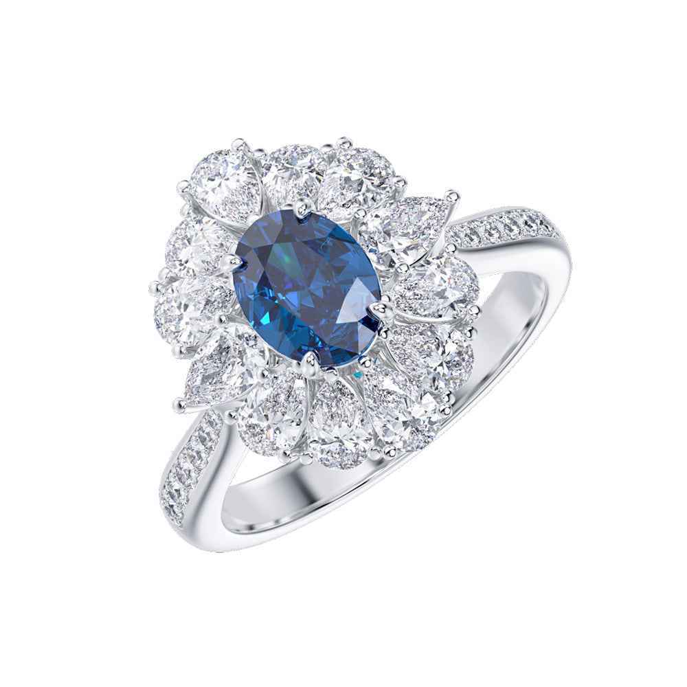 Ceylon Royal Sapphire Platinum Diamond Floral Ring