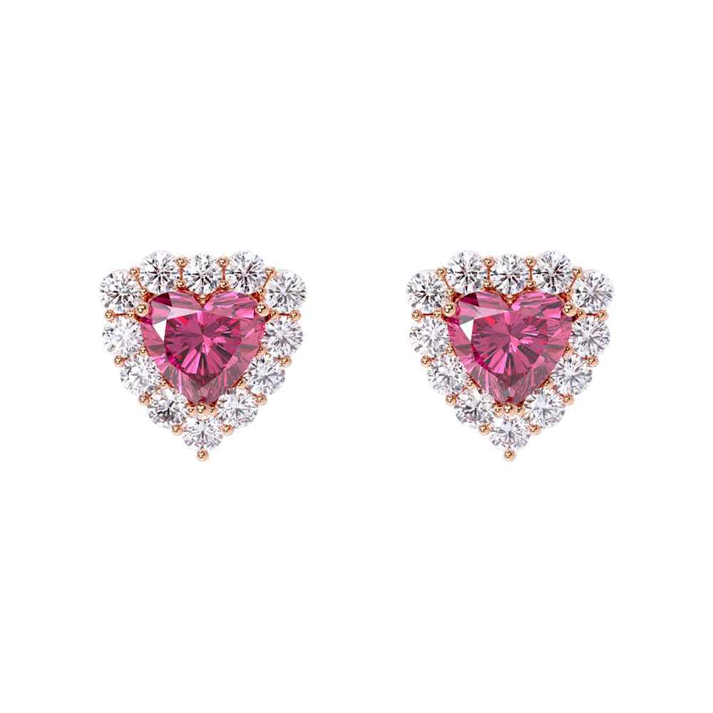 Ceylon Heart Cut Pink Garnet Halo 18K Yellow Gold Stud Earrings