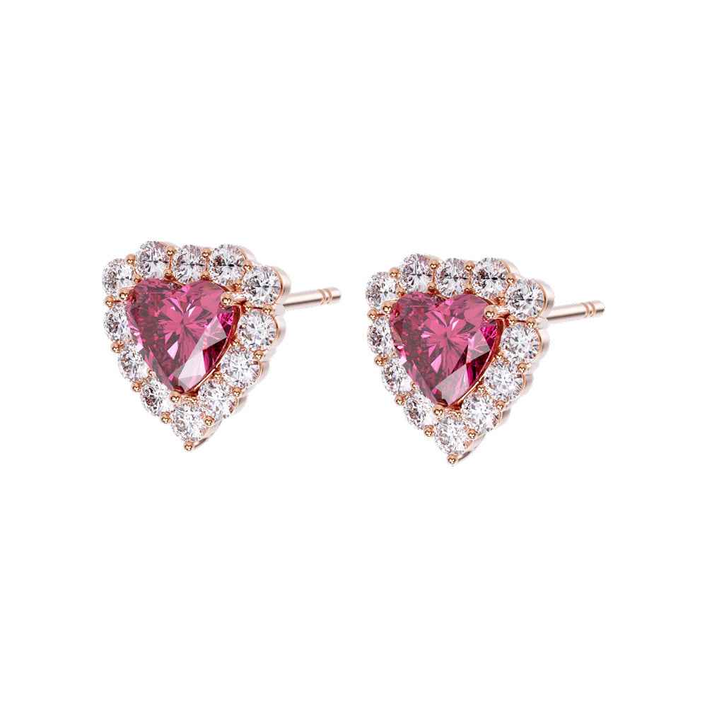 Ceylon Heart Cut Pink Garnet Halo 18K Yellow Gold Stud Earrings