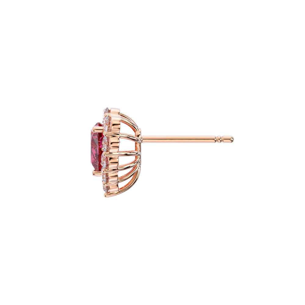 Ceylon Heart Cut Pink Garnet Halo 18K Yellow Gold Stud Earrings