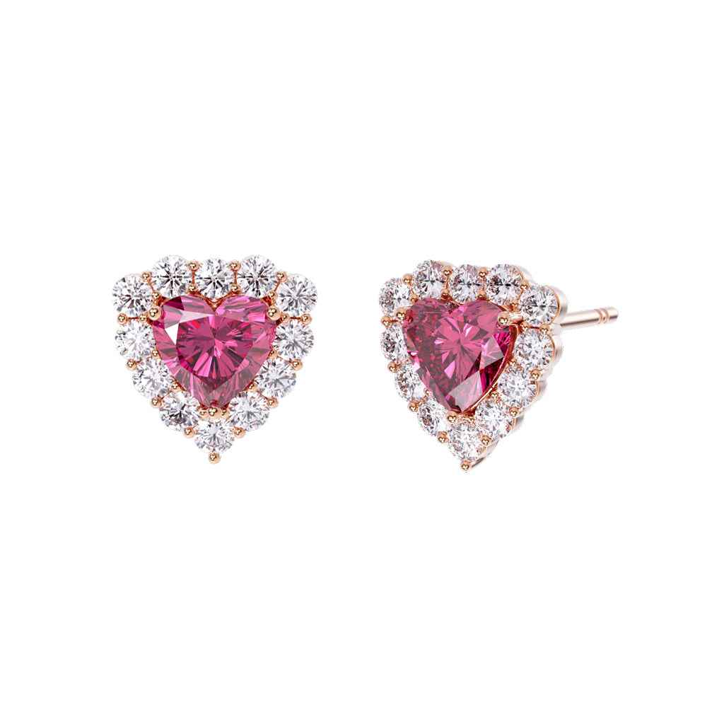 Ceylon Heart Cut Pink Garnet Halo 18K Yellow Gold Stud Earrings