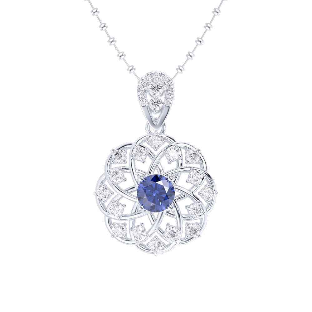 Ceylon Blue Sapphire Round Shape 18K Rose Gold Lab-Grown Diamond Necklace