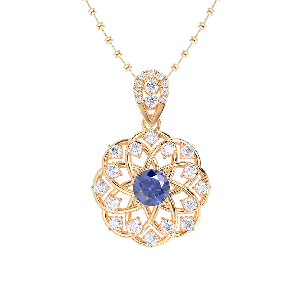 Ceylon Blue Sapphire Round Shape 18K Yellow Gold Lab-Grown Diamond Necklace