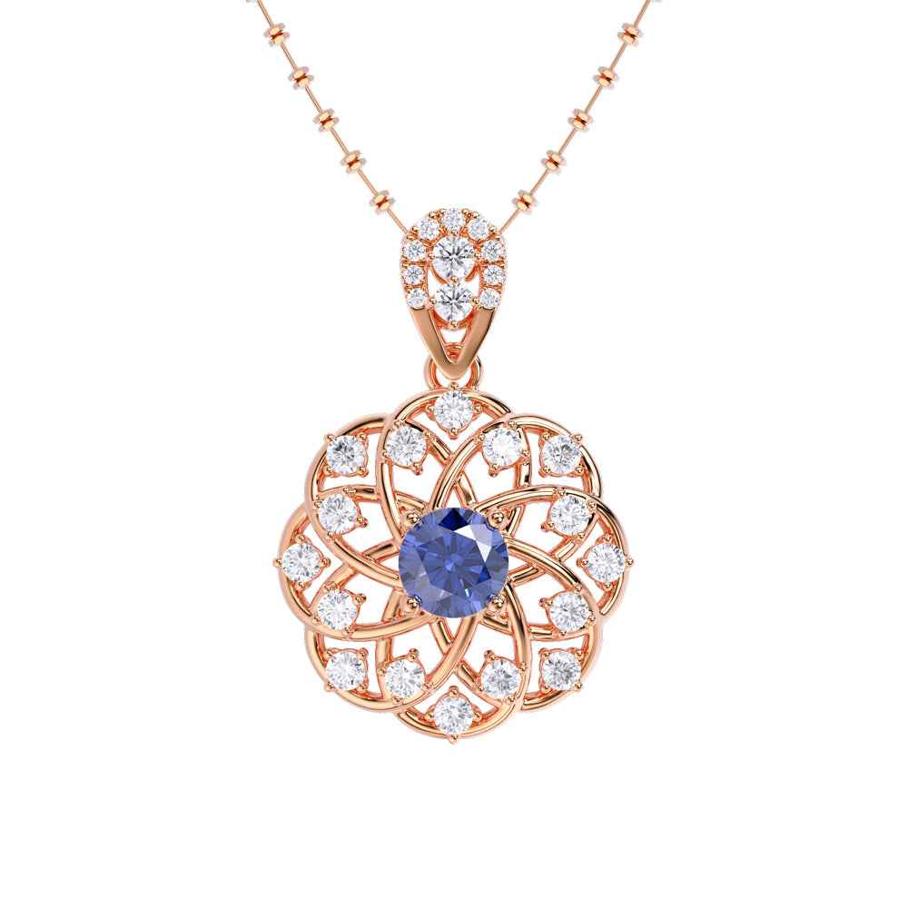 Ceylon Blue Sapphire Round Shape 18K Yellow Gold Lab-Grown Diamond Necklace