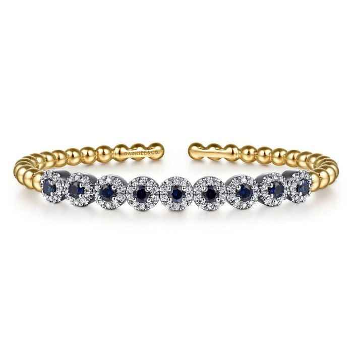 Ceylon Blue Sapphire Diamond Two Tone 18K Gold Bangle Bracelet