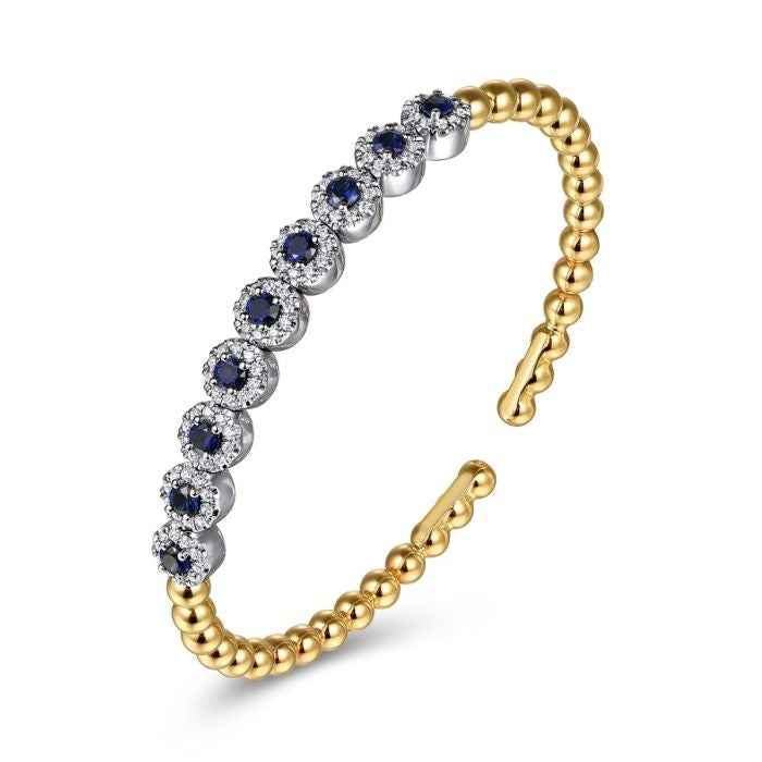 Ceylon Blue Sapphire Diamond Two Tone 18K Gold Bangle Bracelet