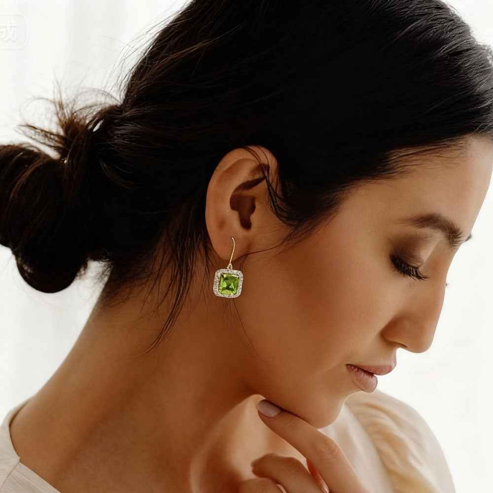 Ceylon Green Shadow Peridot Diamond Halo Earrings
