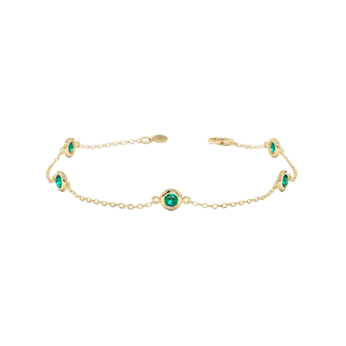 Ceylon Verde Emerald Birthstone Solid Gold Station Bracelet