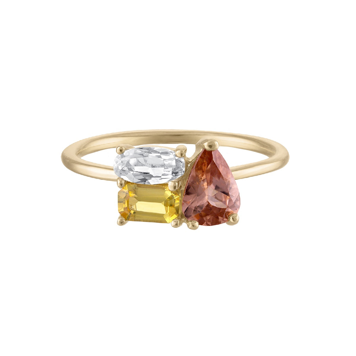 Ceylon Tri-Stone Cluster Sapphire Zircon 18K Yellow Gold Ring