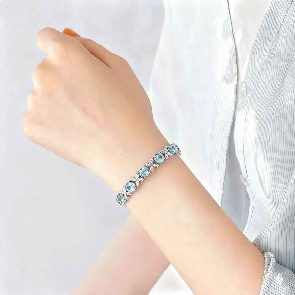Ceylon Sky Aquamarine Floral Silver Diamond Bracelet