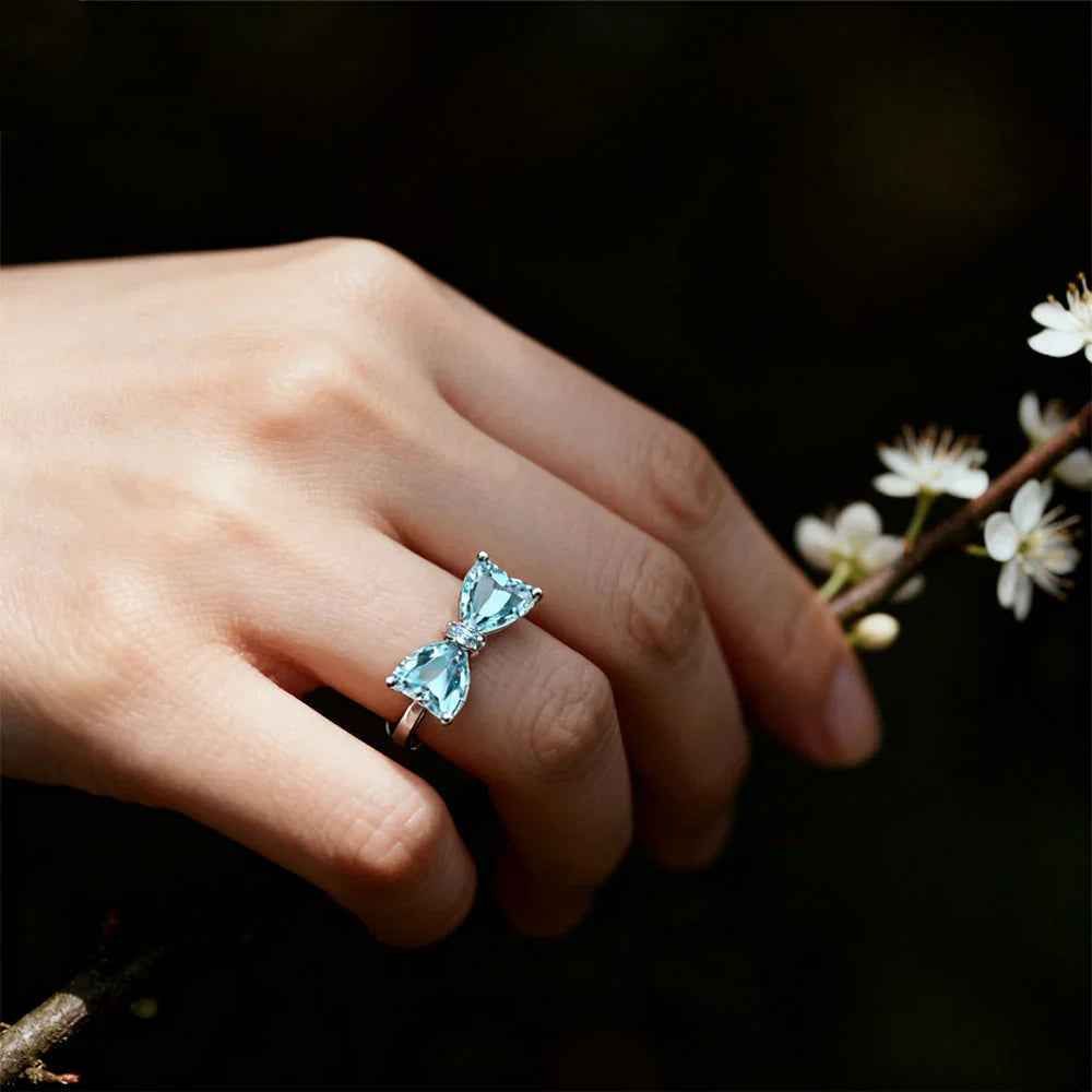 Ceylon Sky Natural Aquamarine Bow Diamond Ring