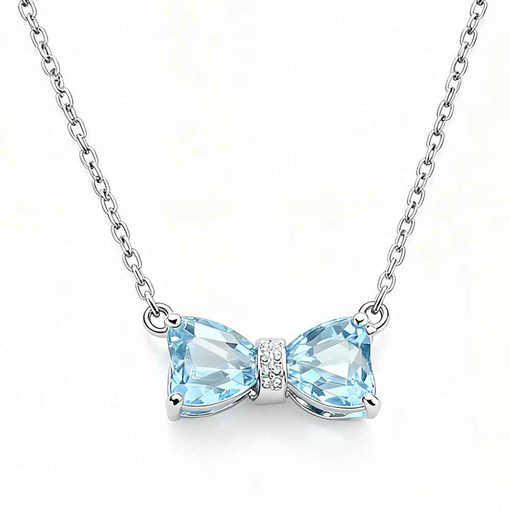 Ceylon Sky Natural Aquamarine Bow Silver Diamond Necklace